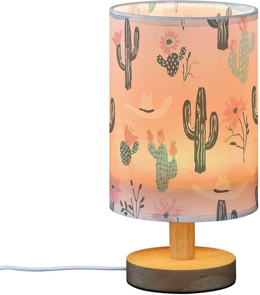 Bedside Table Lamp Western Cowboy Desert Cactus Pink Nightstand Lamp with Wood Desk Lamps for Bedroom Living Room Nursery Office Home Decor