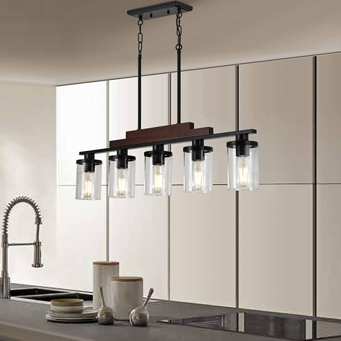 Dining Room Light Fixture Over Table Above Farmhouse Kitchen Island Lighting,Matte Black Rustic Rectangular Linear Chandelier Wood Pendant 5-Light Ceiling Hanging with Glass Shade for Bar Restaurant