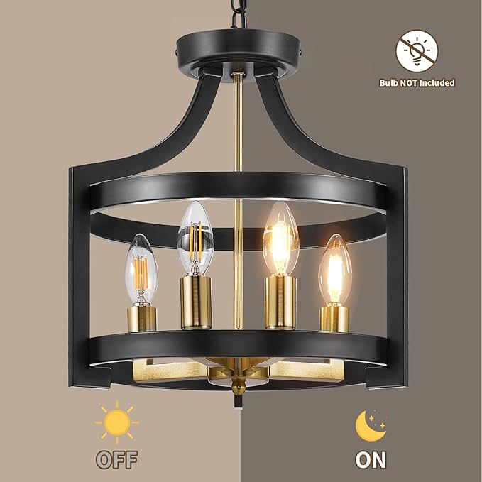 HOXIYA Farmhouse Chandelier, Adjustable Height Pendant Light Fixture, Convertible Semi Flush Mount Ceiling Light, 4 Light Modern Black and Gold Chandeliers for Dining Room Kitchen Foyer Entryway