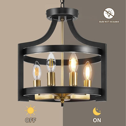 HOXIYA Farmhouse Chandelier, Adjustable Height Pendant Light Fixture, Convertible Semi Flush Mount Ceiling Light, 4 Light Modern Black and Gold Chandeliers for Dining Room Kitchen Foyer Entryway