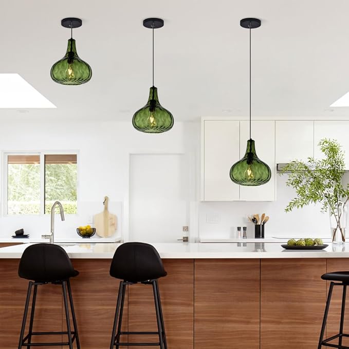 Vintage Pendant Lights Green Glass Hanging Lights Mid-Century Modern Pendant Light Fixtures Black Finish 9.45″ Globe Hammered Shade Adjustable Pendant Lighting Kitchen Sink Farmhouse