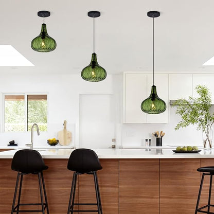 Vintage Pendant Lights Green Glass Hanging Lights Mid-Century Modern Pendant Light Fixtures Black Finish 9.45″ Globe Hammered Shade Adjustable Pendant Lighting Kitchen Sink Farmhouse