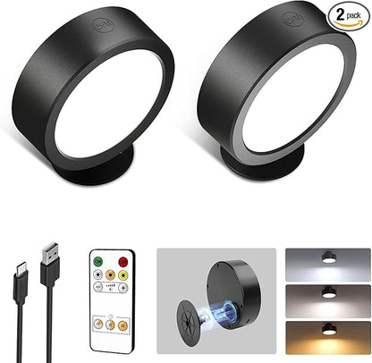 EZVALO LED Wall Mounted Light, 3000mAh Rechargeable Cordless Wall Sconce, Dimmable with Remote & Touch Control, 3 Color Temps, 360° Rotatable for Bedroom, Bedside (Black, 2 Pack)