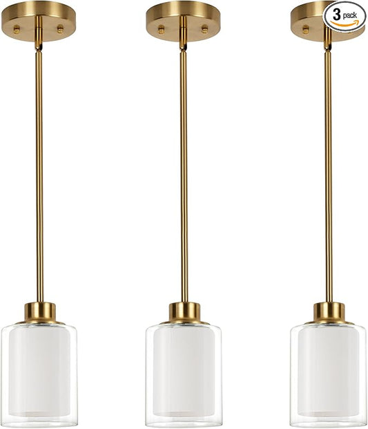 1-Light Mini Pendant Light Fixtures, 3-Pack Modern Hanging Ceiling Lighting, Adjustable Height, Gold Pendant Lamp with Dual Glass for Kitchen Island Bedroom