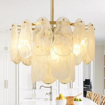 Gold Modern Crystal Chandeliers 16.4in 2 Tier Pendant Light Fixtures 6-Light Round Cloud Glass Chandelier White and Gold Hanging Lighting for Dining Living Room Kitchen Island Bedroom Hallway