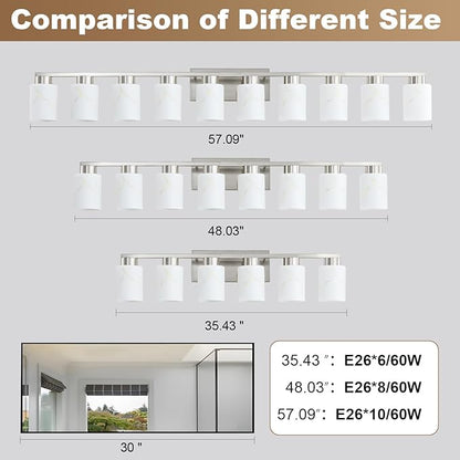 10-Light Bathroom Light Fixtures, Modern Vanity Lights, Brushed Nickel Metal Wall Lamp with White Marble Glass for Bathroom, Mirror, Living Room, Bedroom, Cabinet, Porch, Hallway, E26 Base