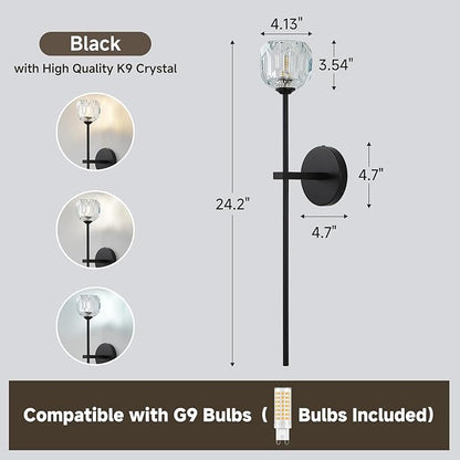 Black Crystal Wall Sconces Set of Two with G9 Bulbs, Mid Century Modern Diamond Light Brass Vintage Long Lighting Fixture Hardwired for Elegant Vanity Living Room Bedroom Bathroom Hallway