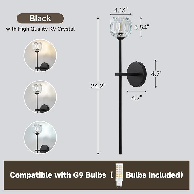 Black Crystal Wall Sconces with G9 Bulbs, Mid Century Modern Diamond Decor Light Brass Vintage Long Lighting Fixture Hardwired for Elegant Vanity Living Room Bedroom Bathroom Hallway