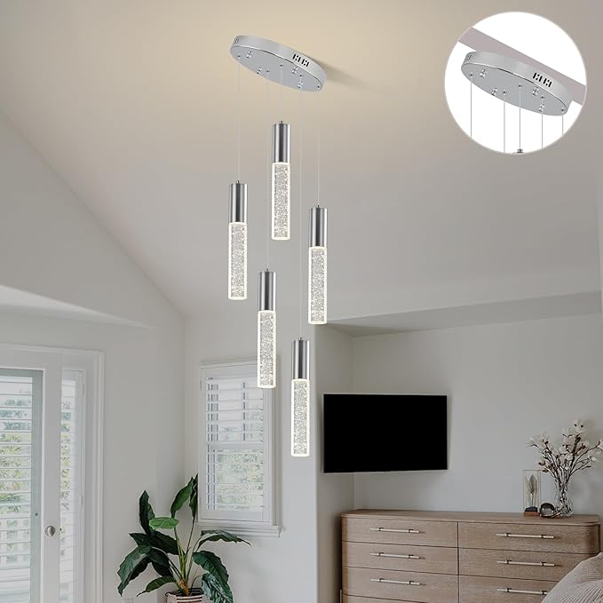 Modern Crystal Chandelier for Kitchen Island 5-Lights, Elegant Chrome LED Bubble Pendant Lighting Fixture for Dining Room Bedroom Entryway