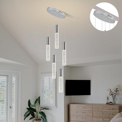 Modern Crystal Chandelier for Kitchen Island 5-Lights, Elegant Chrome LED Bubble Pendant Lighting Fixture for Dining Room Bedroom Entryway