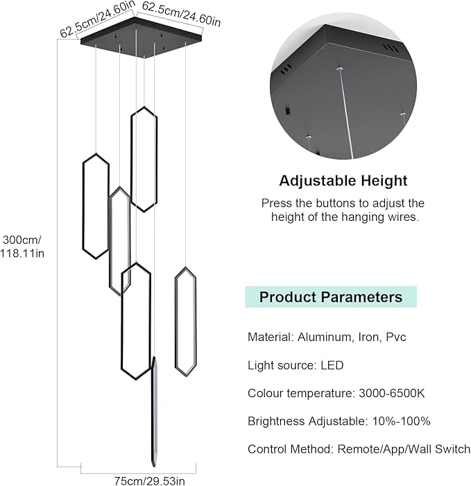 GEADI Foyer Chandeliers for High Ceilings,6-Light Modern Dimmable Led High Ceiling Chandelier with Remote Control,Black Large Chandelier Staircase Pendant Light Fixture for Entryway(3000-6500K)