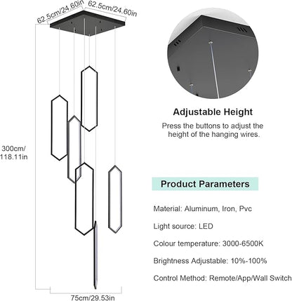 GEADI Foyer Chandeliers for High Ceilings,6-Light Modern Dimmable Led High Ceiling Chandelier with Remote Control,Black Large Chandelier Staircase Pendant Light Fixture for Entryway(3000-6500K)