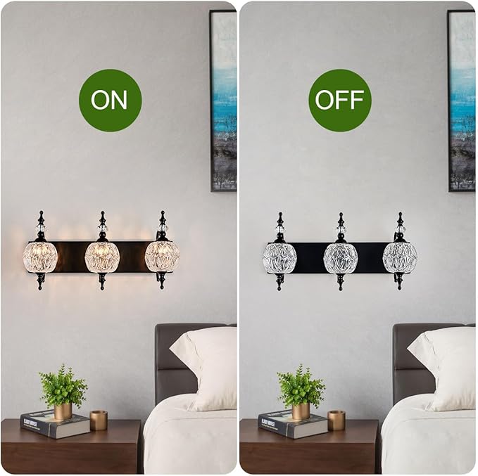 Vintage Black 3 Lights Bathroom Vanity Light Fixtures, Modern Bedhroom Lighting Painted Black Surface with Thick Crystal Glass Shade, Vintage Vanity Light for Bathroom Farmhouse Bedroom