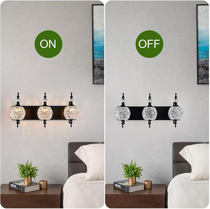 Vintage Black 3 Lights Bathroom Vanity Light Fixtures, Modern Bedhroom Lighting Painted Black Surface with Thick Crystal Glass Shade, Vintage Vanity Light for Bathroom Farmhouse Bedroom