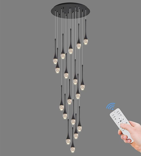Modern Crystal Staircase Chandelier Polished Black 18-Lights, H118'' Large High Ceiling Spiral Dimmable LED Raindrop Foyer Entryway Light Fixture Remote Control