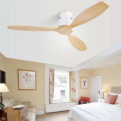 Sofucor 52'' Low Profile Ceiling Fan Remote Control without Lights,Wood Flush Mount White Ceiling Fans no light, Modern Ceiling Fan Reversible DC for Bedroom,Farmhouse,Living Dining Room,Kitchen
