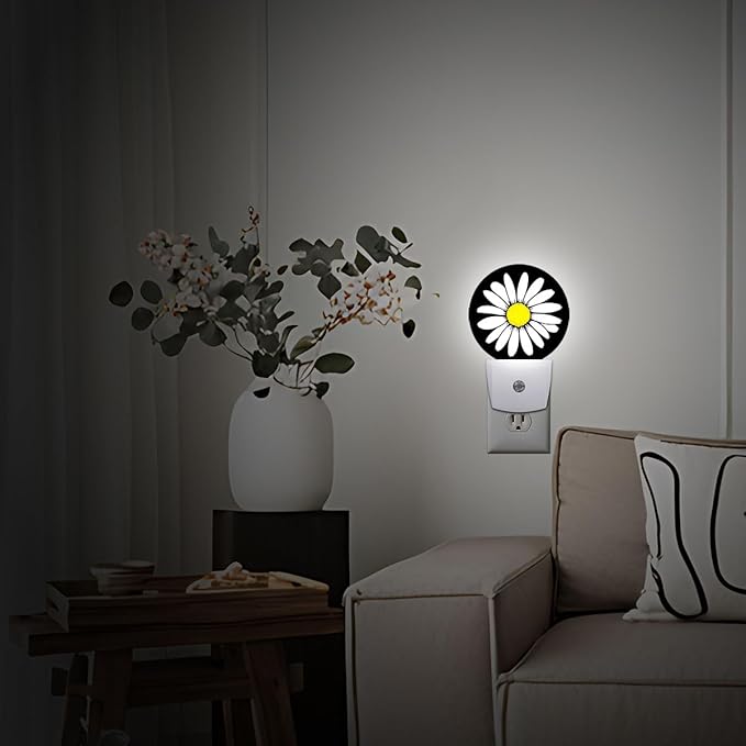 White Daisy Night Light Plug Into Wall Auto Led Sleep Round Lamp for Living Room Hallway Stairs