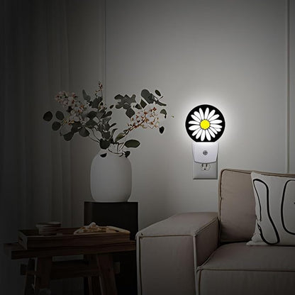 White Daisy Night Light Plug Into Wall Auto Led Sleep Round Lamp for Living Room Hallway Stairs