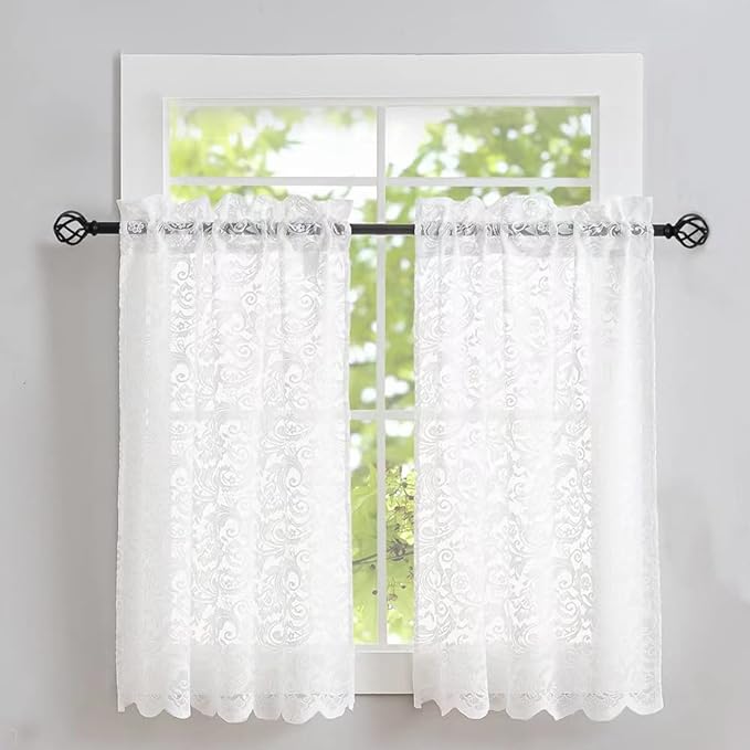 ALIGOGO Floral Lace Kitchen Curtains and Valances Set 3 Pc 24 inch Length Cottage Sheer Cafe Curtains with Valance Boho Country Farmhouse Decor for Office Laundry Bathroom RV,52" x 24" White