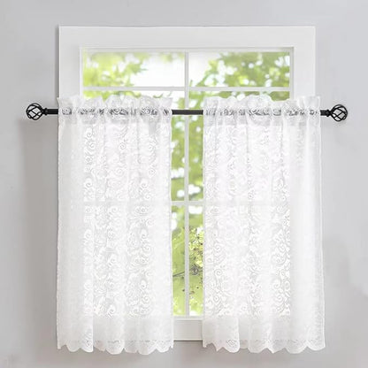 ALIGOGO 3 Piece Lace Kitchen Curtains and Valances Set 36 Inches Length, Country Short White Sheer Kitchen Curtains for Small Window, 70s Cafe Curtain with Valance Bathroom,52" x 36" White