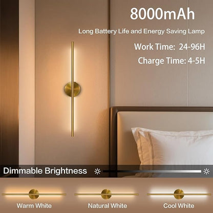 Rechargable Wall Sconce Set of Two, Modern Wireless Brass Wall Light Sconce with Remote, 28.35Inch Dimmable Indoor Home Wall Decor Lights for Bedroom, Living Room, Hallway (Bronze/Round)