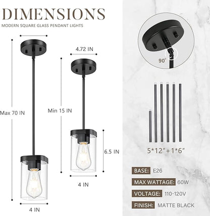 Modern Pendant Light Fixtures 1-Pack, Matte Black Pendant Lights Kitchen Island with Square Transparent Glass, Glass Pendant Light for Dining Room, Bedroom, Living Room, Farmhouse