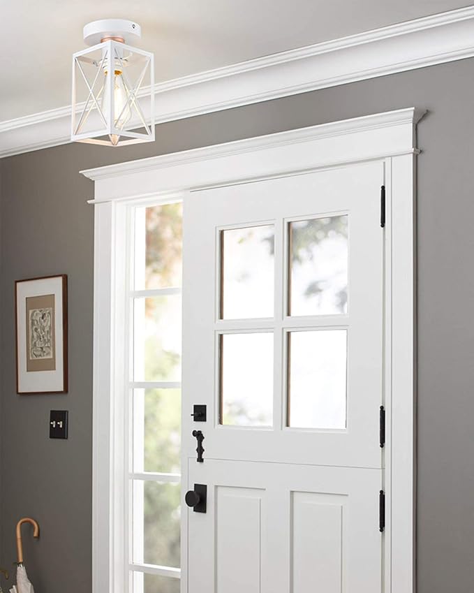 Ken & Ricky Hallway Flush Mount Ceiling Light,Cage Farmhouse Light Fixture Hardwired for Kitchen Over Sink,Bathroom,Laundry Room Entryway,Industrial Vintage Style,Single E26 Bulb（White,2PK）