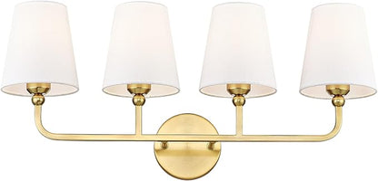 Bathroom Light Fixtures, 4 Light Brushed Gold Vanity Lights with Flared White Fabric Shade, 28 Inch Wall Sconce, Modern Sconces Wall Lighting for Hallway Bedroom, VL837-BG-4