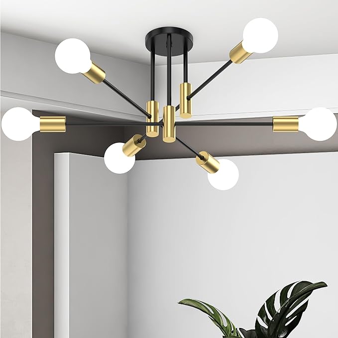 Modern Sputnik Chandelier Ceiling Light Fixtures, 6-Lights Mid Century Industrial Metal Semi Flush Mount Lamp for Bedroom Dining Room Living Room Kitchen Hallway Office-Black and Gold