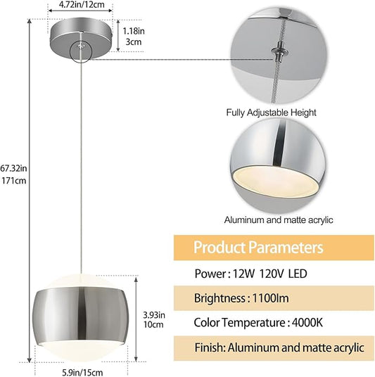 Modern Chrome LED Dimmable Pendant Light fixtures,6″ Island Pendant Lighting for Kitchen Island Dinning Room,Bedroom,Bar, Kitchen Island Ceiling Hanging Light Fixtures(Chrome-1-Pack)