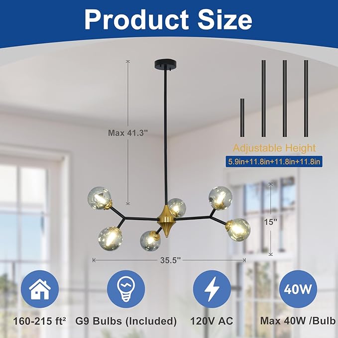 Depuley Glass Globe Sputnik Chandelier: 6-Light Mid-Century Modern Chandelier Black and Gold Bubble Light Fixture - Vintage Hanging Chandeliers for Kitchen Dining Room (Included G9 Bulbs)
