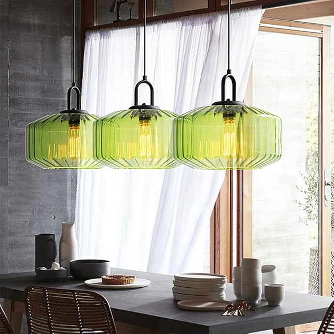 Green Glass Pendant Light Fixture Hand Blown Pendant Lights with Large Glass Globe Shade, Mid Century Modern Adjustable Ceiling Hanging Lighting for Dining Bedroom Table Kitchen Island