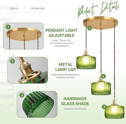3-Light Modern Chandelier Pendant Light - Mid Century Sputnik Glass Globe With Green Striped Shade, Gold Adjustable Ceiling Lamp for Dining Room