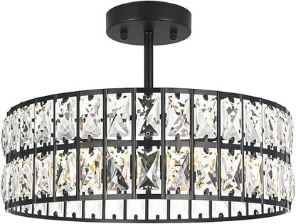 Lxybcce Crystal Ceiling Light Fixture, Modern Matte Black Ceiling Light Chandelier, Semi Flush Mount Chandelier Lighting Fixture for Kitchen Entryway Living Room Dining Room, 5-Light, 16 Inch