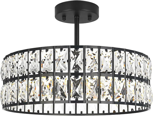 Lxybcce Crystal Ceiling Light Fixture, Modern Matte Black Ceiling Light Chandelier, Semi Flush Mount Chandelier Lighting Fixture for Kitchen Entryway Living Room Dining Room, 5-Light, 16 Inch