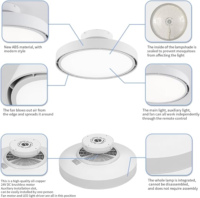 Bladeless Ceiling Fans with Lights and Remote, Flush Mount Modern Ceiling Fan with Light, 6 Speeds, Stepless dimming & 3000-6000K CCT LED Lights for Bedroom, Living Room (White)