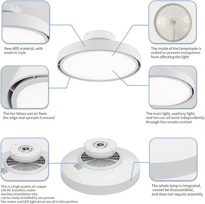 Bladeless Ceiling Fans with Lights and Remote, Flush Mount Modern Ceiling Fan with Light, 6 Speeds, Stepless dimming & 3000-6000K CCT LED Lights for Bedroom, Living Room (White)