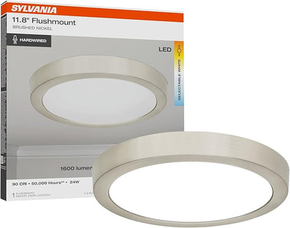 Sylvania 12" LED Flush Mount Ceiling Light Fixture, 24W, 1600 LMS, Hardwired, 3000K, Warm White, Brushed Nickel, LED Lights for Bedroom Kitchen Hallway Porch - 1 Pack (66461)