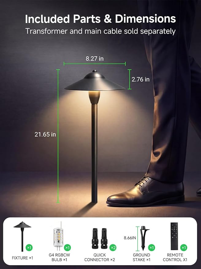 RGBCW Smart Path Lights Low Voltage, Bluetooth App Controlled Tunable Warm/Daylight 2700K-6500K G4 Bulb, 12v Aluminum Black with Wide Cap, Landscape Lighting for Garden Driveway 6 Pack