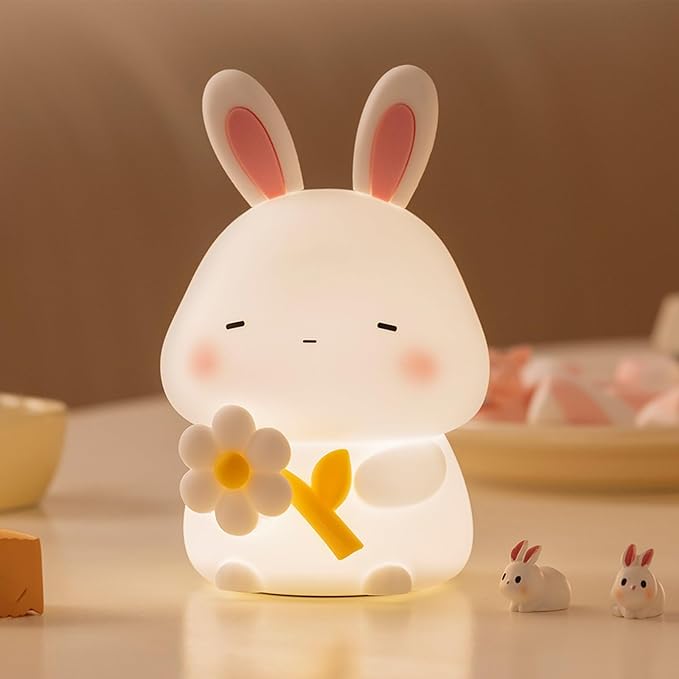 Rabbit Night Light for Kids, Cute Bunny Lamp Gifts for Boys and Girls, Touch Dimmable Squishy Silicone Night Light for Baby Nursery Toddler, Rechargeable Animal Lamp Kawaii Kids Room Decor (Bunny)