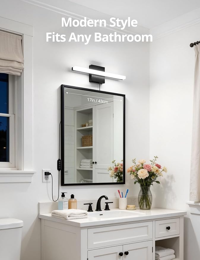 Combuh Black Plug in Vanity Light Bar Corded for Bathroom Lighting Fixture No Wiring, 16Inch 5 Colors Adjustable Dimmable Modern Bright Daylight Mirror Lamp for Wall Dressing Room Makeup (with Plug)