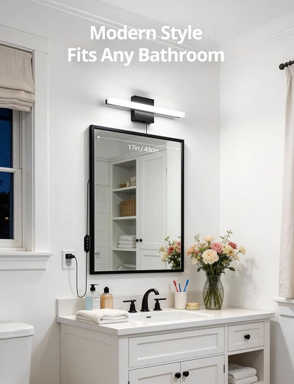 Combuh Black Plug in Vanity Light Bar Corded for Bathroom Lighting Fixture No Wiring, 16Inch 5 Colors Adjustable Dimmable Modern Bright Daylight Mirror Lamp for Wall Dressing Room Makeup (with Plug)