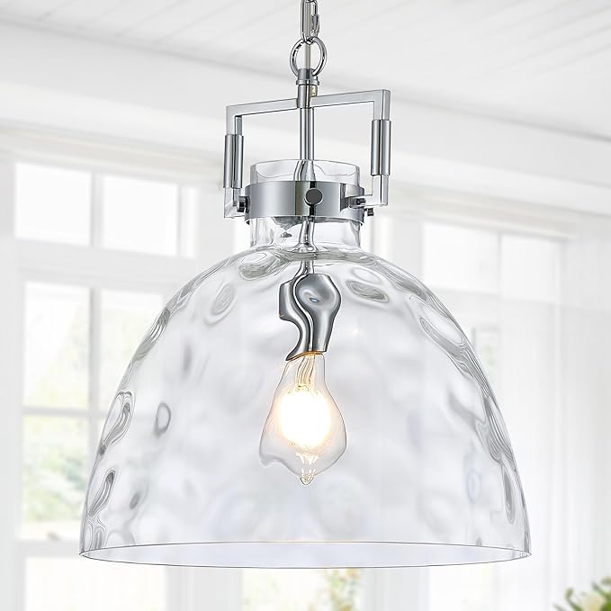 Glass Pendant Light, 13.8 Inch Single Hanging Ceiling Light with Adjustable Chain, E26 Base Oversized Hammered Clear Glass Kitchen Island Pendant Lighting in Polished Chrome for Dining Room, Entryway