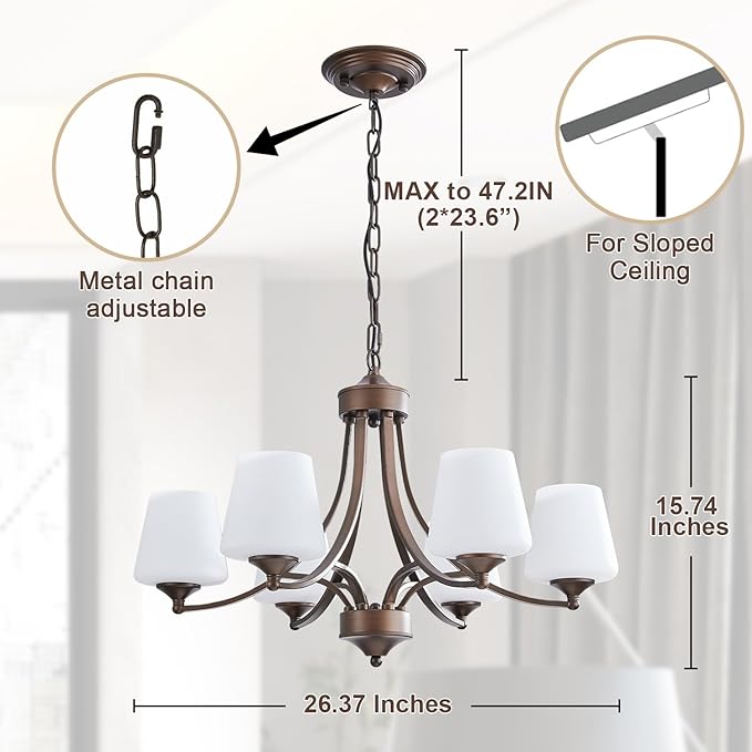 6-Light Farmhouse Chandelier Oil Rubbed Bronze Pendant Light Fixture with Frosted Glass, Rustic Ceiling Lighting Modern Hanging Lamp for Dining Room Living Room Bedroom, 47.2" Height Adjustable