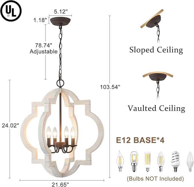 22" Oak Distressed White Chandeliers for Dining Room Farmhouse Wood Pendant Lights Kitchen Island 4-Light Orb Lantern Cage Ceiling Hanging Light Over Table for Entryway Foyer Living Room Bedroom