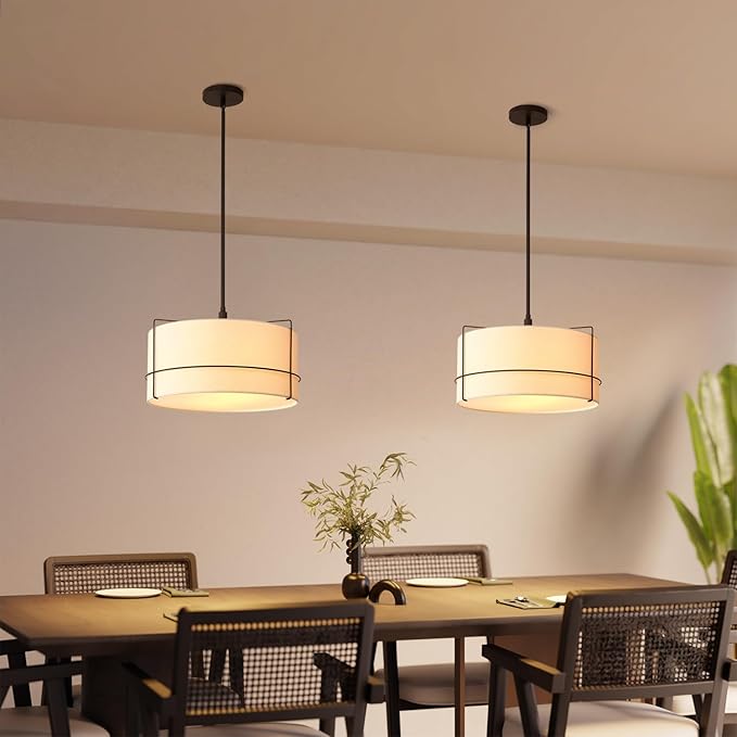 Globe Electric 2-Light Pendant Light, Off-White Fabric Shade with Matte Black Frame & Etched Acrylic Plate, Coastal or Updated Traditional Lighting for Dining Room or Bedroom