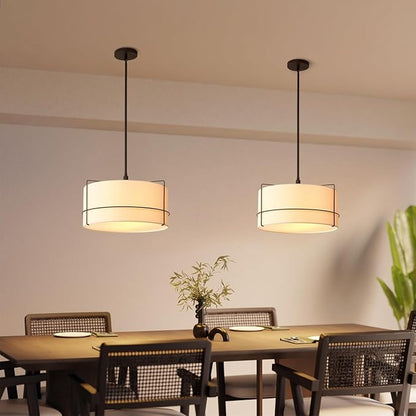 Globe Electric 2-Light Pendant Light, Off-White Fabric Shade with Matte Black Frame & Etched Acrylic Plate, Coastal or Updated Traditional Lighting for Dining Room or Bedroom