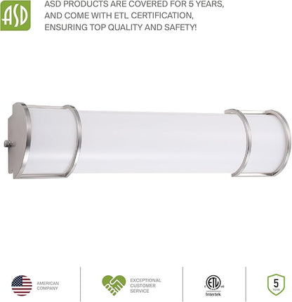 ASD LED 24" Vanity Flush Mount Light Fixture, Linear Bathroom Lighting Bar | 3CCT, Dimmable, ETL Listed | 25W 2600LM 3000-5000K 100-277V | Long Tube Bath Wall Sconce Over Mirror | Nickel