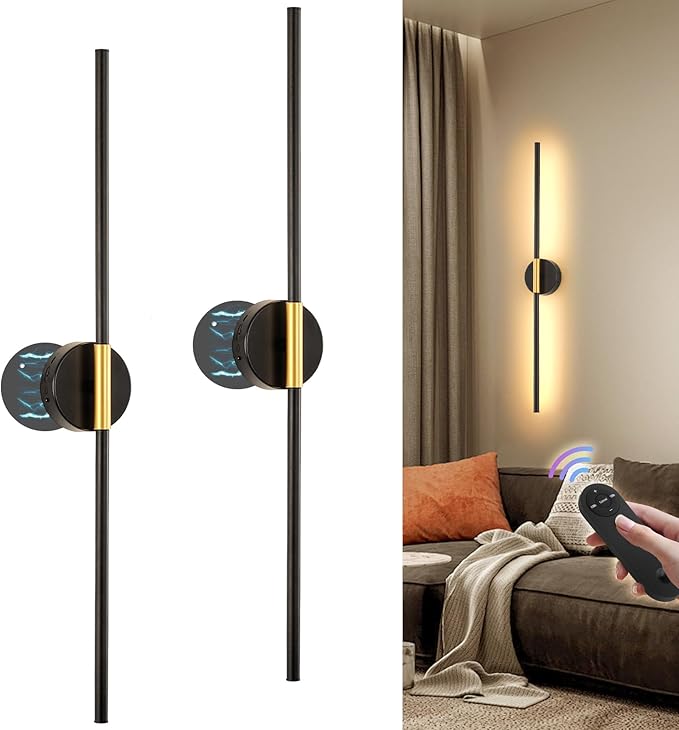 JOOSENLUX Battery Operated Wall Sconces Set of 2 – Gold & Black LED Wall Light, Dimmable, Remote‑Control, Adjustable Arm, Cordless Aluminum Modern Art Lamp