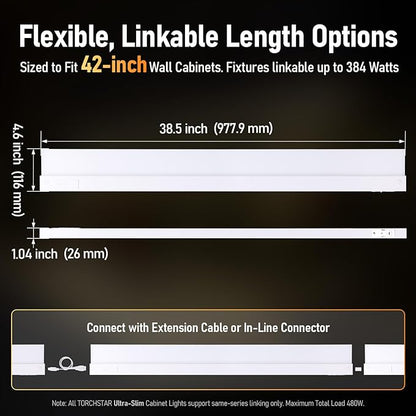 TORCHSTAR Ultra-Slim LED Under Cabinet Lighting Fits 42 Inch Cabinets, 5CCT 24W 1800LM, Hardwired & Plug-in, 120V CRI90 Linkable Dimmable Thin Under Counter Lights for Kitchen, ETL T24